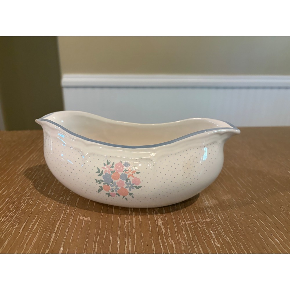 Newcor Corsage 6014 Stoneware Gravy Boat Floral Blue Pink Vintage 1988